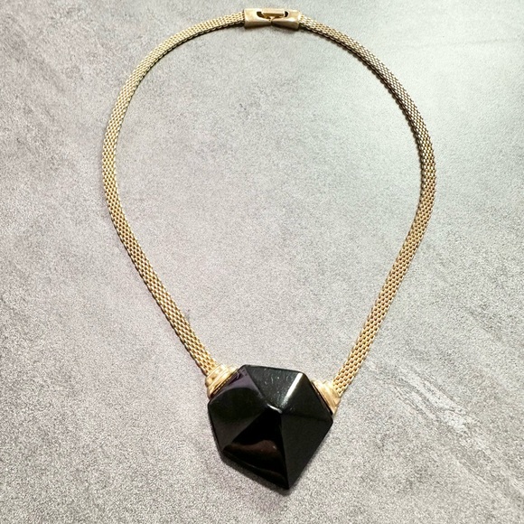 Crown Trifari Jewelry - Vintage Crown Trifari Gold Tone Mesh With A Black Acrylic Pendant Necklace